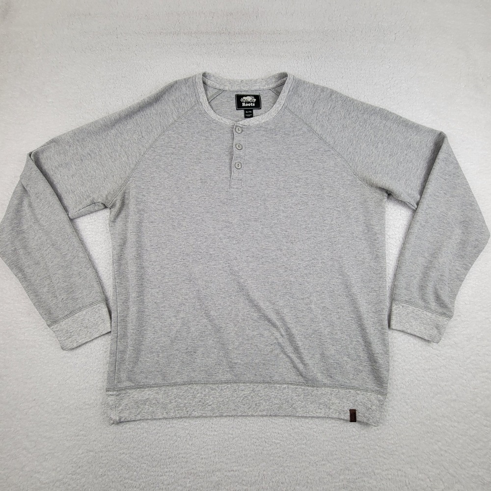 Roots Sweater Mens XL Gray Henley Pullover Long Sleeve Waffle Knit Casual‎